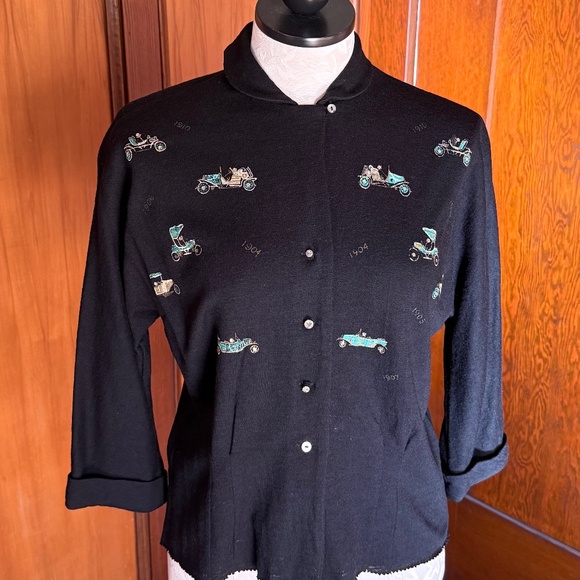 Vintage 50s 1950s Novelty Car Print Blouse Top, Antique Automobiles Rhinestone - Picture 5 of 8